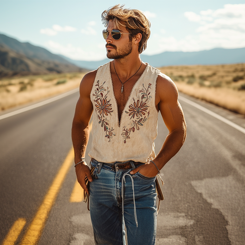 【24-uurs verzending】Heren Lente en Zomer Klassieke Westerse Cowboystijl Dunne Suède Geborduurde Diepe V-hals Tanktop 00494118K