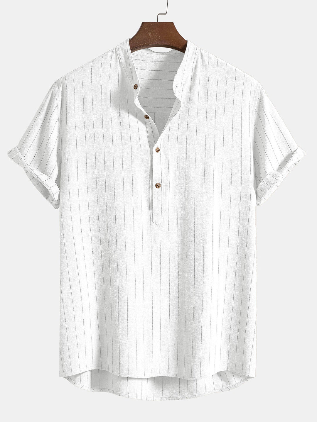 Linnen-mix gestreept overhemd met half open placket en Henley kraag en rechte linnen broek