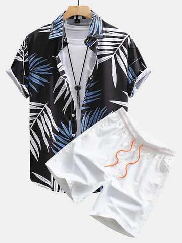 Tropische Bladeren Print Doorknoop Shirt & Zwembroek