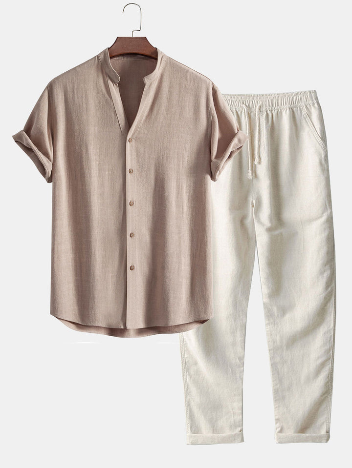 V-hals Linnen Rayon Mix Shirt & Rechte Linnen Broek
