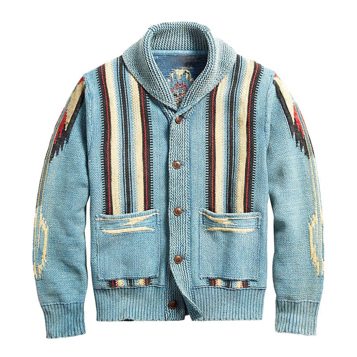 Heren Vintage Jacquard Revers Enkel Breasted Lange Mouw Trui Cardigan 51482095M