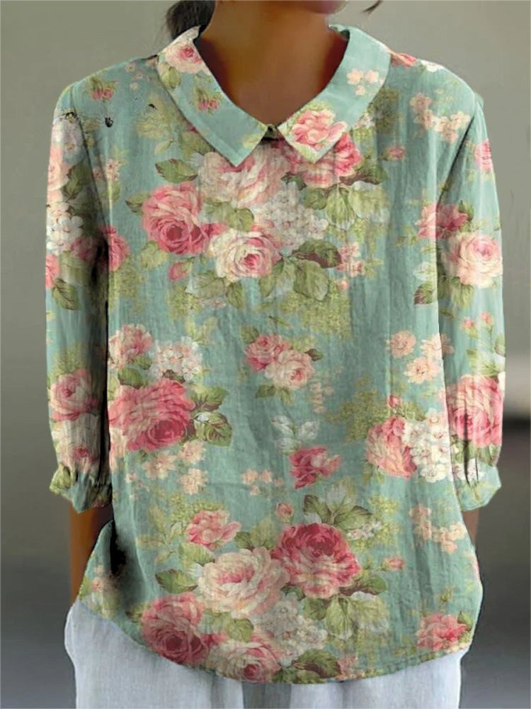 Dames Retro Bloemen Kunstafdruk Casual Katoenen en Linnen Shirt