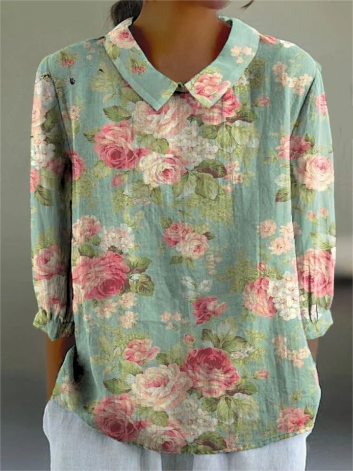 Dames Retro Bloemen Kunstafdruk Casual Katoenen en Linnen Shirt