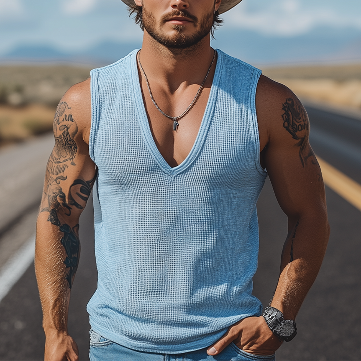 Heren Klassieke Casual Amerikaanse Western Stoere Stijl Wafel Diepe V-hals Tanktop MTA2427E1K