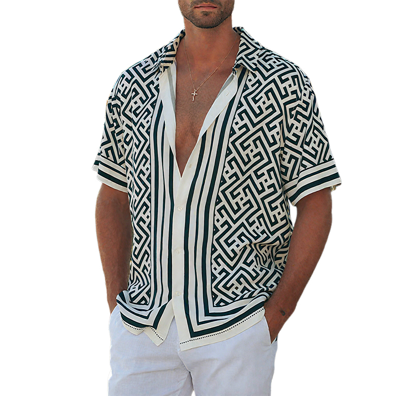Heren Zomer Casual Tencel Katoen Gedrukt Revers Korte Mouwen Shirt MTA0269G9K