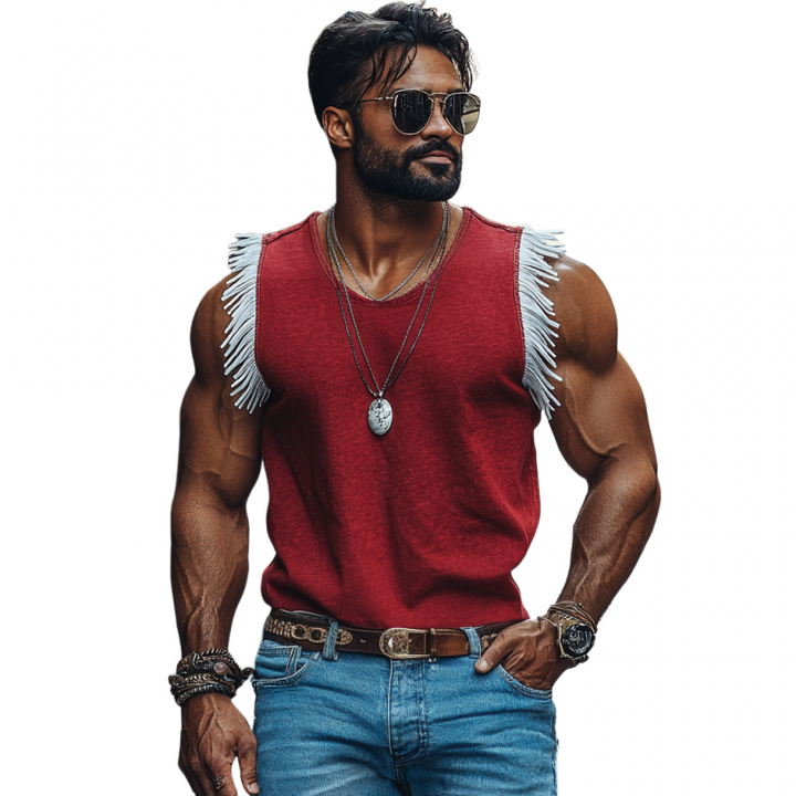 Heren Casual Katoenen Ronde Hals Contrastkleur Franje Losse Tanktop MTA2114E8M