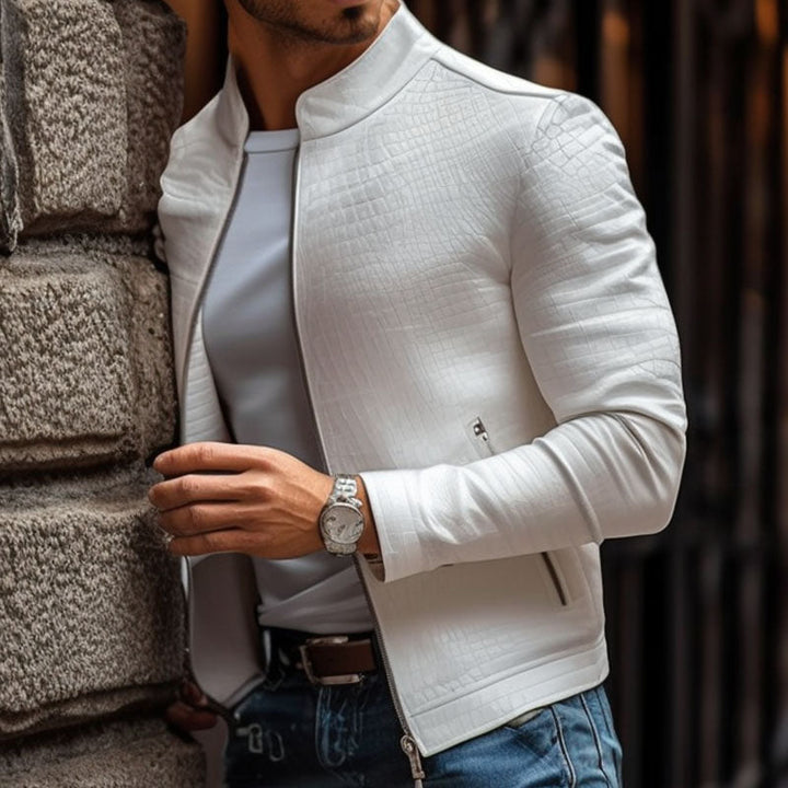 Herenmode Steenpatroon Staande Kraag Rits Slim Fit Leren Jas 45773252M