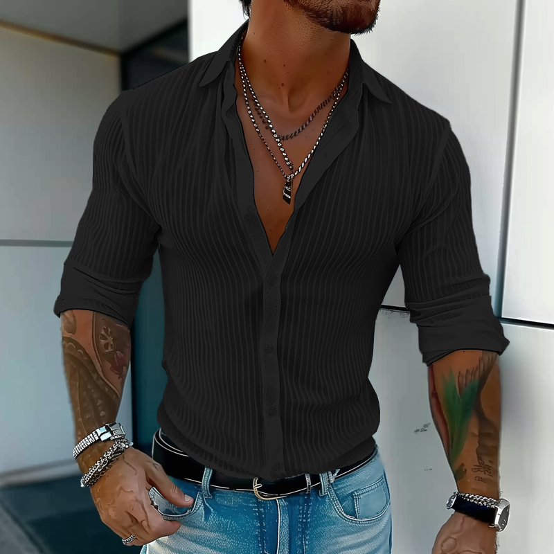 Heren Effen Kleur Gestreepte Revers Shirt met lange mouwen 94598700Z