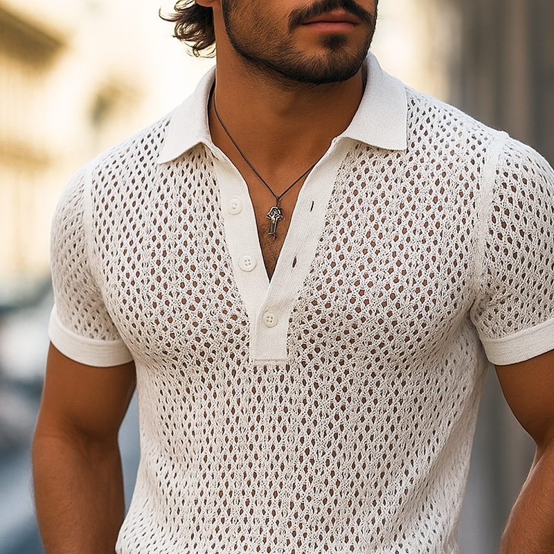 Heren effen uitgehold Ruit Gebreide revers korte mouw poloshirt