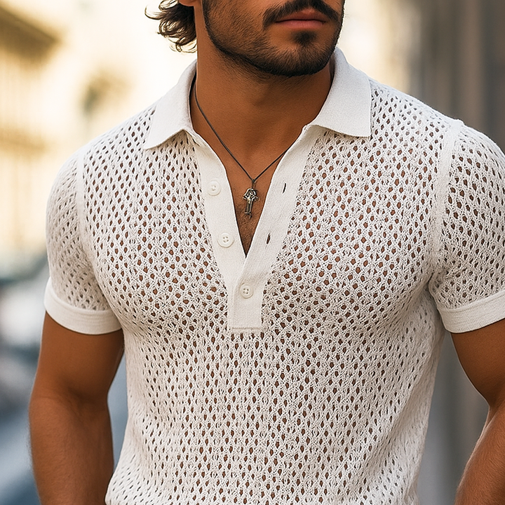 Heren effen uitgehold Ruit Gebreide revers korte mouw poloshirt