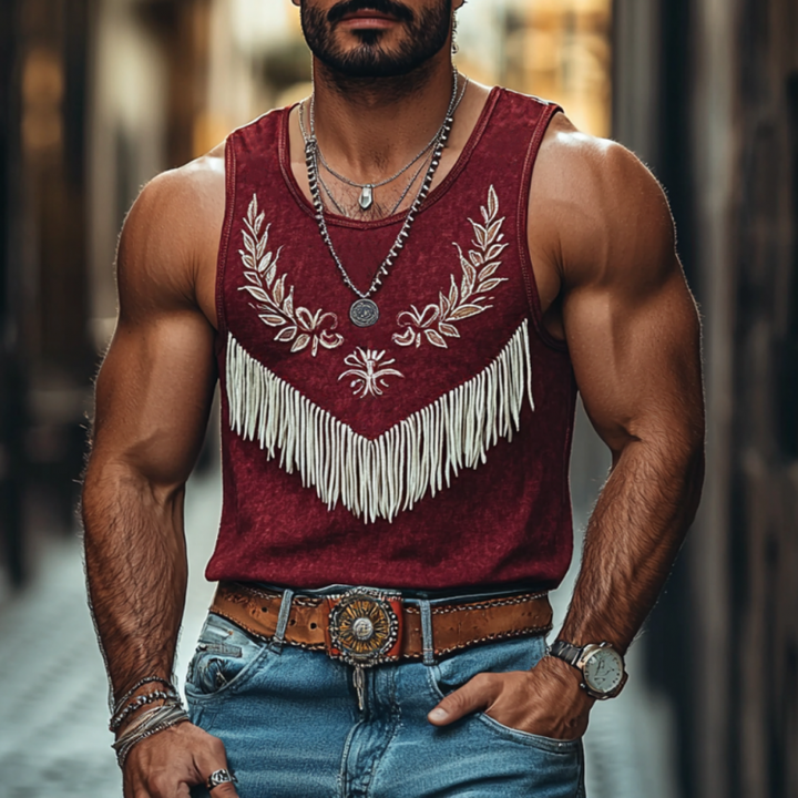 Heren Casual Katoenen Ronde Hals Bloem Borduursel Kwastje Patchwork Slim Fit Tanktop MTA2186E4M