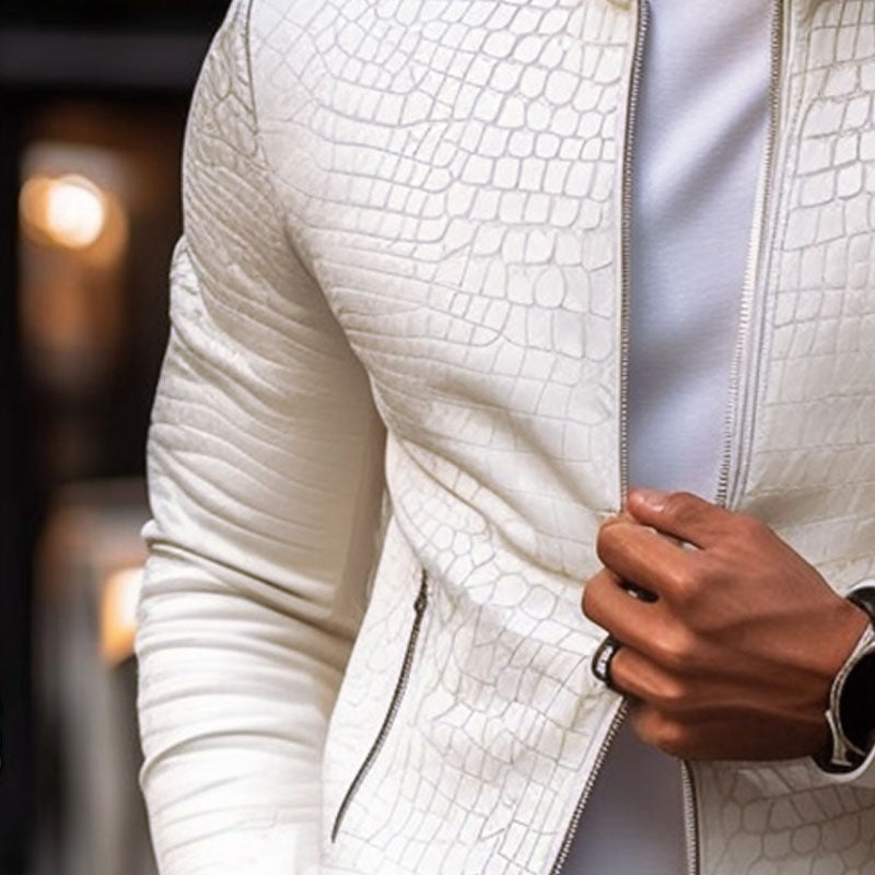 Herenmode Steenpatroon Staande Kraag Rits Slim Fit Leren Jas 45773252M