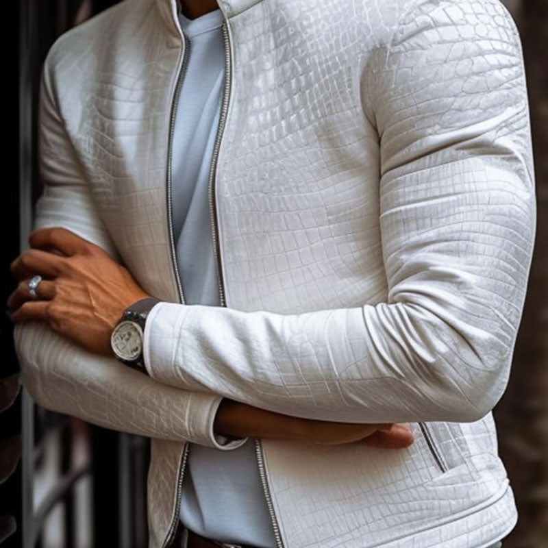 Herenmode Steenpatroon Staande Kraag Rits Slim Fit Leren Jas 45773252M