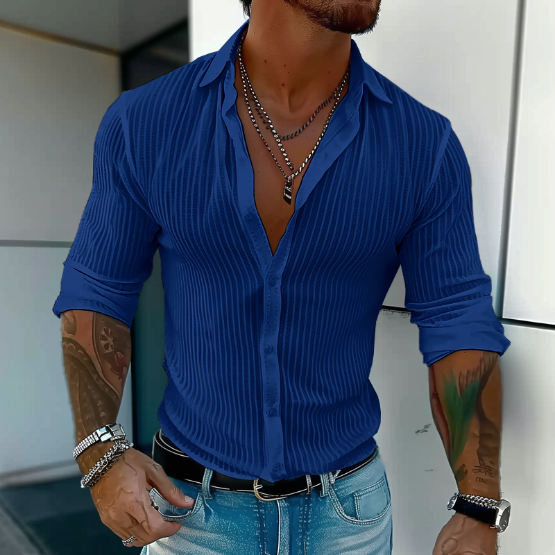 Heren Effen Kleur Gestreepte Revers Shirt met lange mouwen 94598700Z