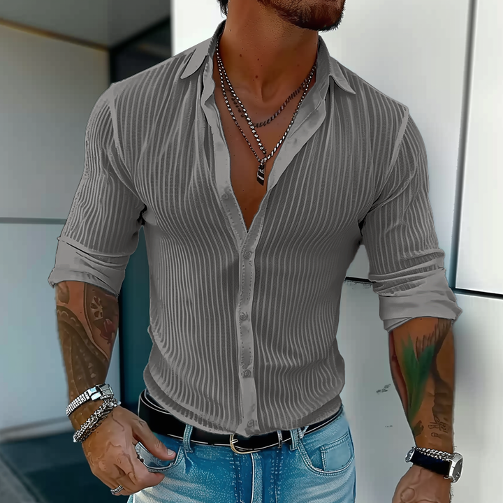 Heren Effen Kleur Gestreepte Revers Shirt met lange mouwen 94598700Z