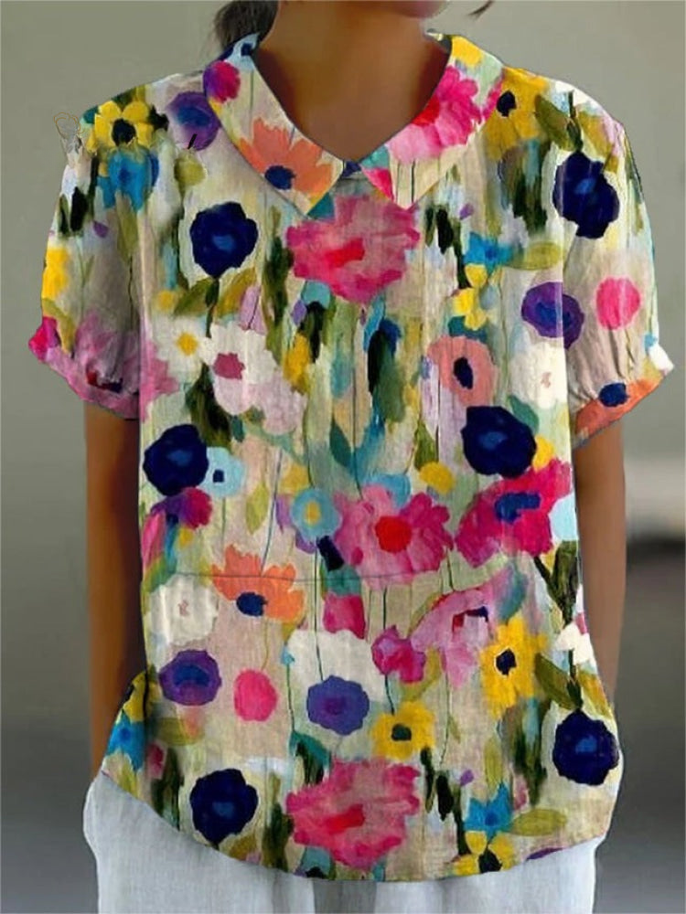 Dames Retro Bloemen Kunstafdruk Casual Katoen En Linnen Shirt