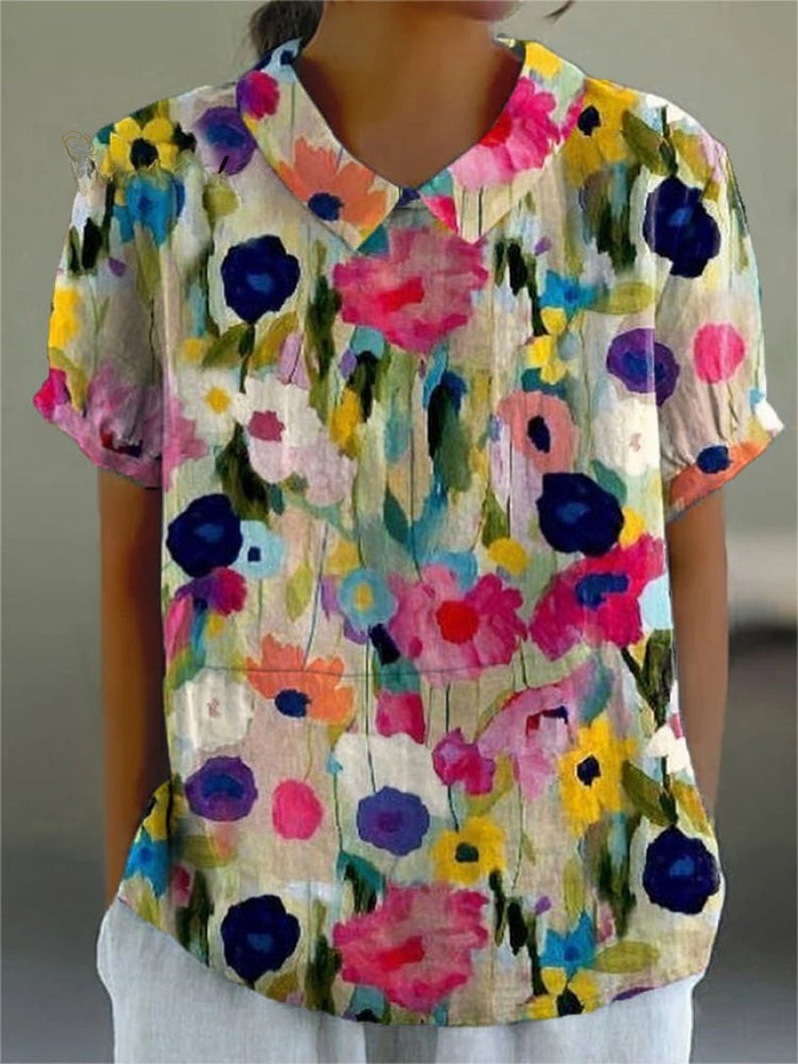 Dames Retro Bloemen Kunstafdruk Casual Katoen En Linnen Shirt