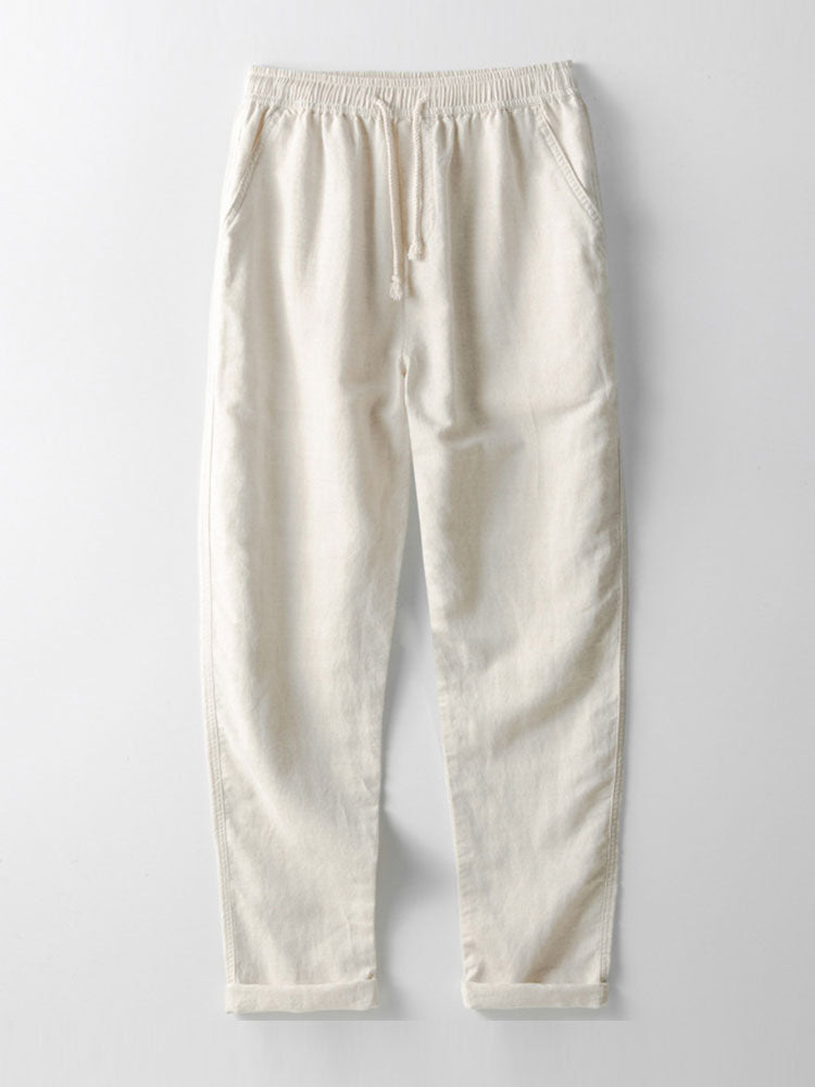Linnen-mix gestreept overhemd met half open placket en Henley kraag en rechte linnen broek