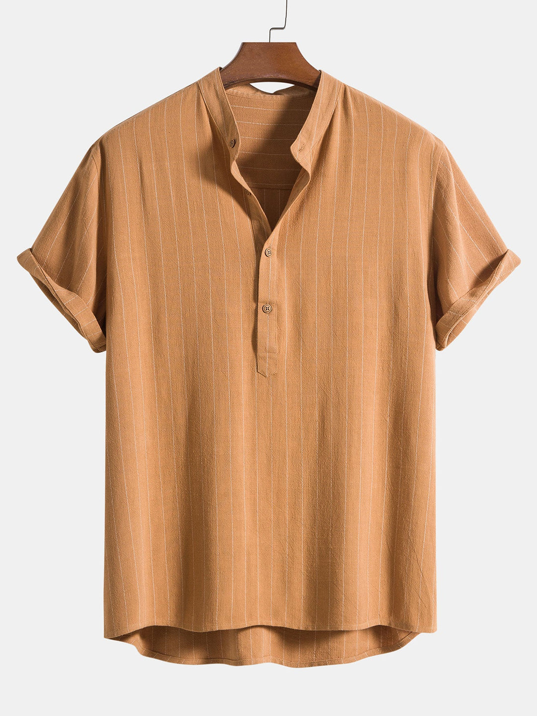 Linnen-mix gestreept overhemd met half open placket en Henley kraag en rechte linnen broek