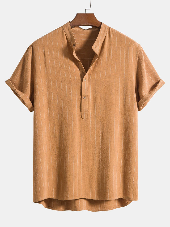 Linnen-mix gestreept overhemd met half open placket en Henley kraag en rechte linnen broek