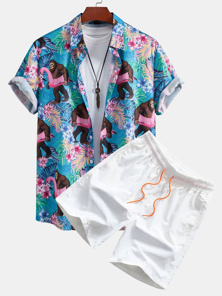 Tropische Planten en Orang-oetan Print Doorknoop Shirt & Zwembroek