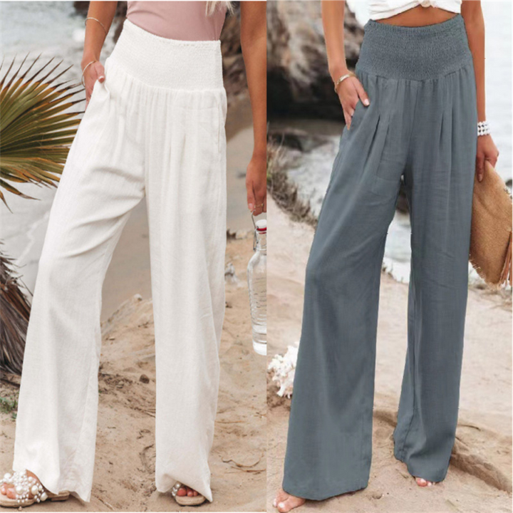 Vrouwen Katoenen en Linnen Elastische Taille Brede Pantalon 