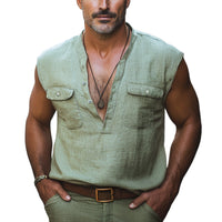 Heren Zomer Comfortabele Diepe V-Hals Katoen en Linnen Tanktop MTA2771E4U