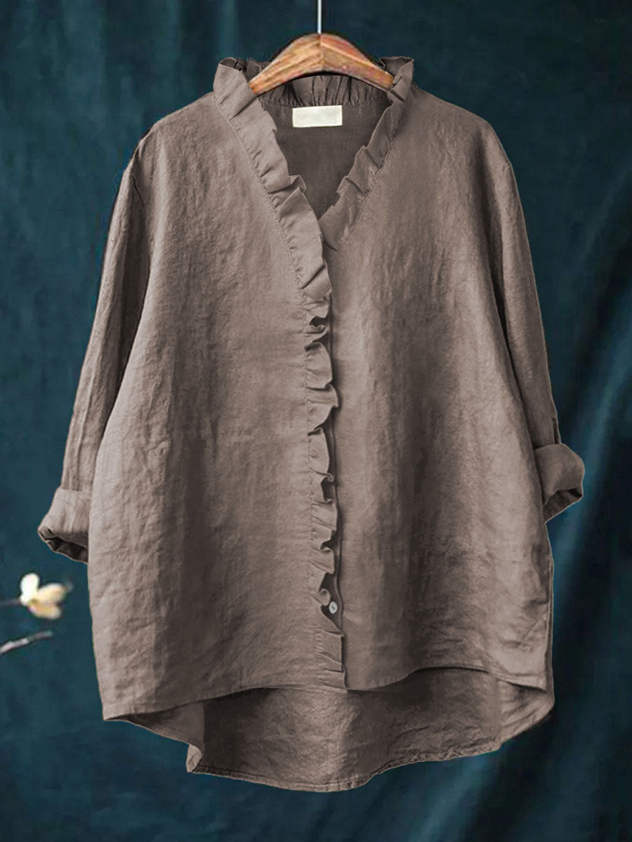Dames Casual Katoenen En Linnen Ruffle Shirt