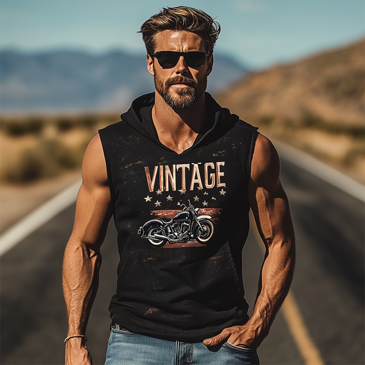 Heren Casual Klassiek Amerikaanse Western Tough Style Motorfiets Rijdende Katoen Gecombineerde Gedrukte Slim Fit Hoodie Tanktop MTA2857E1K