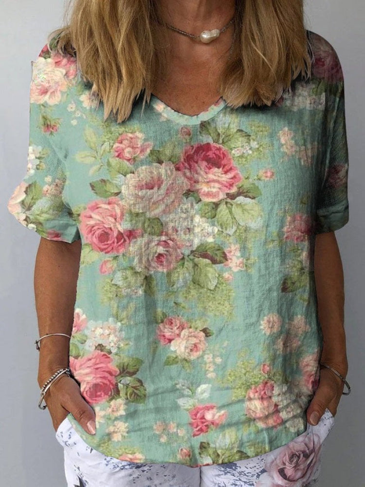 Dames Retro Bloemen Kunstafdruk Casual Katoenen en Linnen Shirt