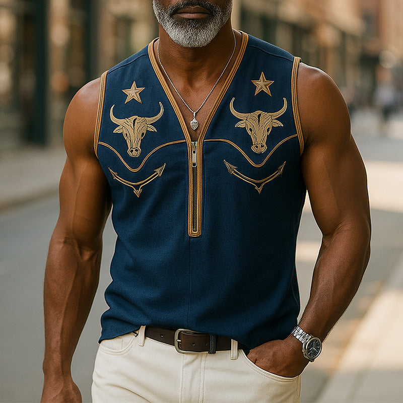 Heren Zomer Westerse Cowboystijl Geborduurde Katoenen En Linnen Tanktop MTA2908E0P