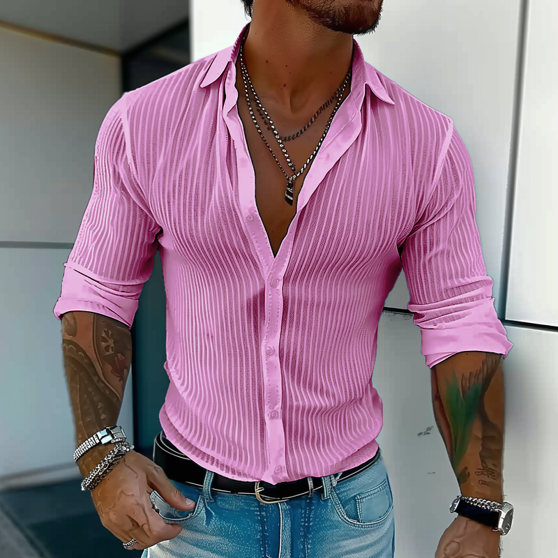 Heren Effen Kleur Gestreepte Revers Shirt met lange mouwen 94598700Z