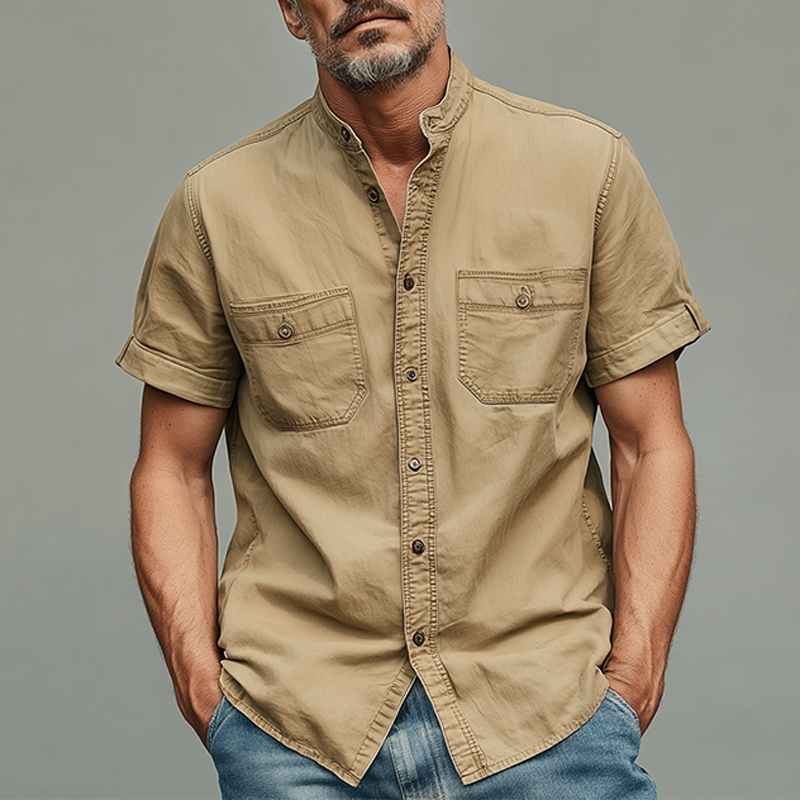 Heren Zomer Casual Katoen Gemengde Gewassen Staande Kraag Korte Mouwen Shirt MTA0220G9K
