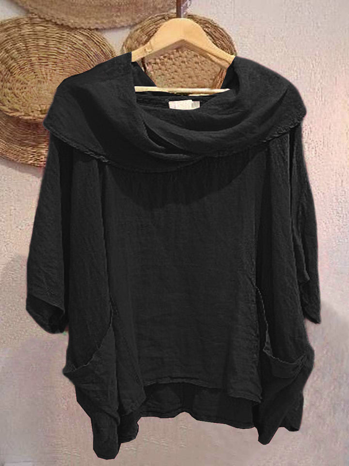 Dames Effen Kleur Gedrapeerde Hals 3/4 Mouw Comfortabele Casual Linnen Zak Top