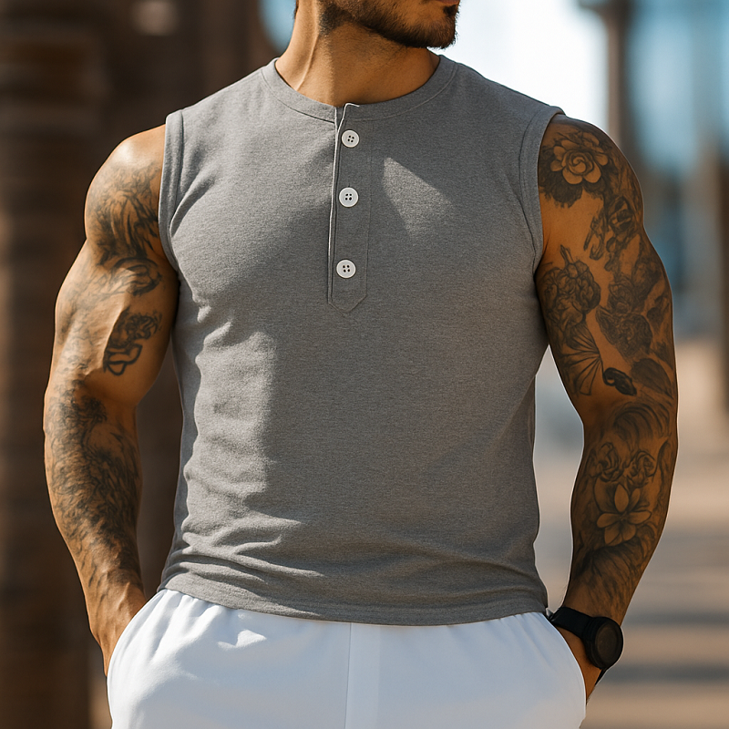 Heren Casual katoenen Henley Kraag Slim Fit Sport Tanktop MTA2620E6M
