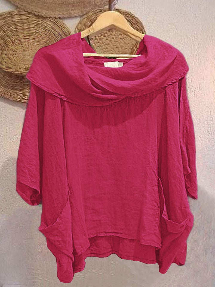 Dames Effen Kleur Gedrapeerde Hals 3/4 Mouw Comfortabele Casual Linnen Zak Top