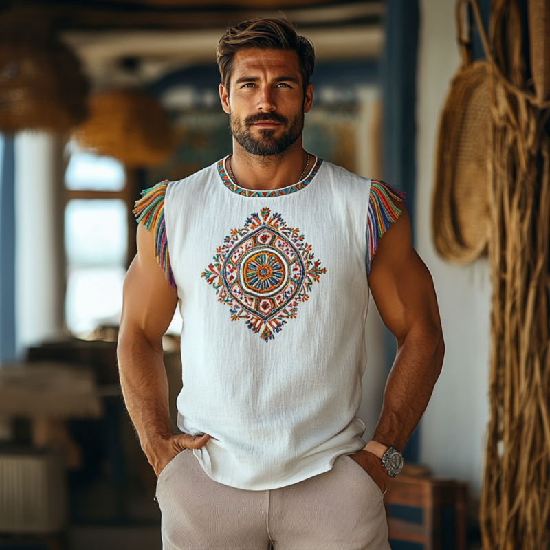 Heren Bohemian Geborduurde Kwast Katoen Linnen Ronde Hals Slim Fit Tanktop MTA2915E4M