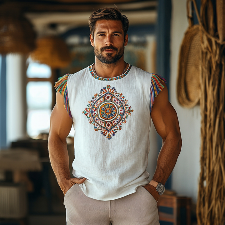 Heren Bohemian Geborduurde Kwast Katoen Linnen Ronde Hals Slim Fit Tanktop MTA2915E4M