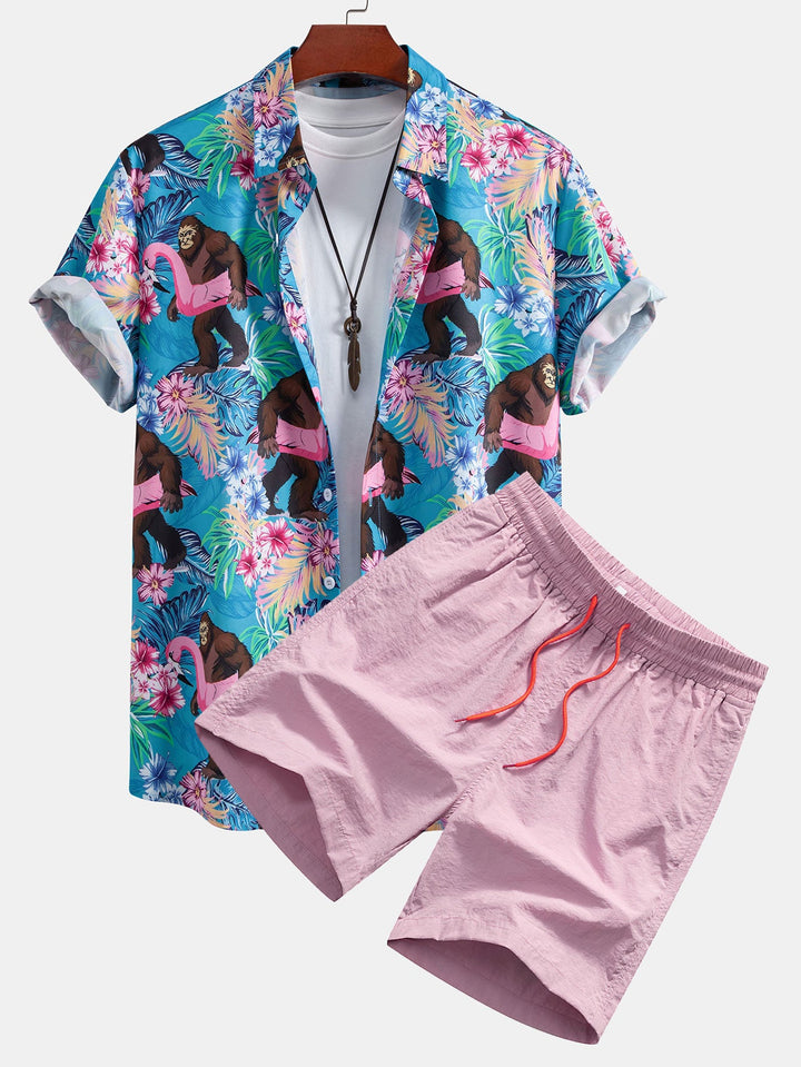 Tropische Planten en Orang-oetan Print Doorknoop Shirt & Zwembroek