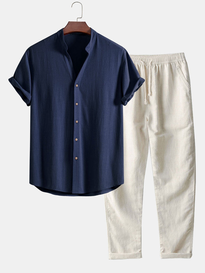 V-hals Linnen Rayon Mix Shirt & Rechte Linnen Broek