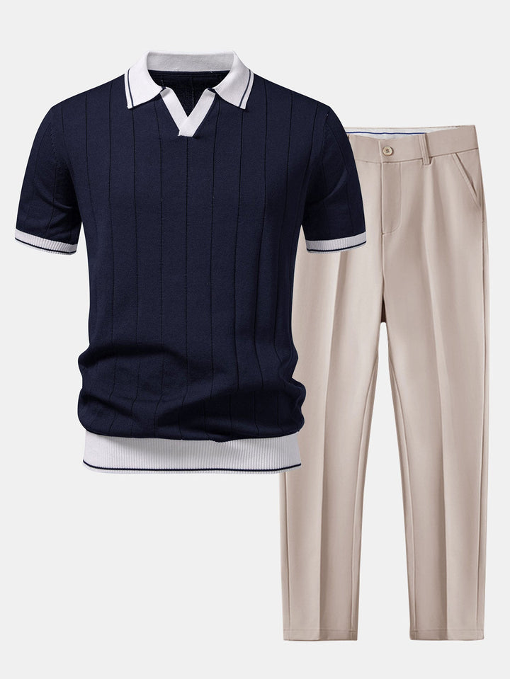 Contrastafwerking Geribbelde Johnny Kraag Tricot Polo & Slim Fit Getaperde Broek