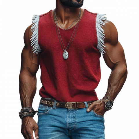 Heren Casual Katoenen Ronde Hals Contrastkleur Franje Losse Tanktop MTA2114E8M