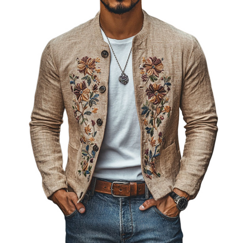 Heren Casual Linnen Geborduurde Staande Kraag Enkelgeknoopte Slim Fit Jas 48687422M