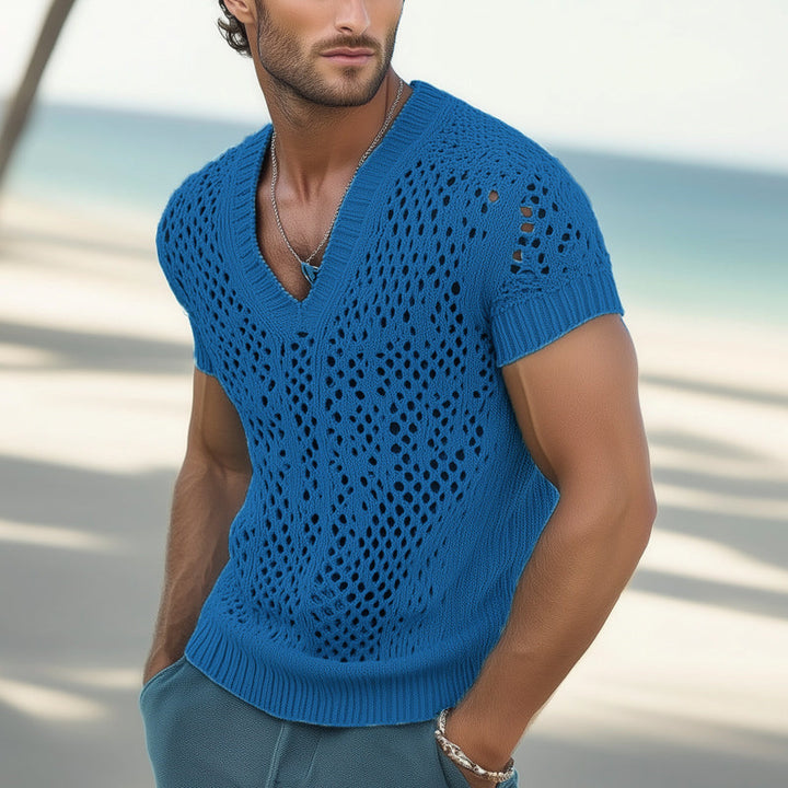 【24-uurs verzending】Heren Zomer Mode V-hals Gebreide Mesh uitgebreid T-shirt 