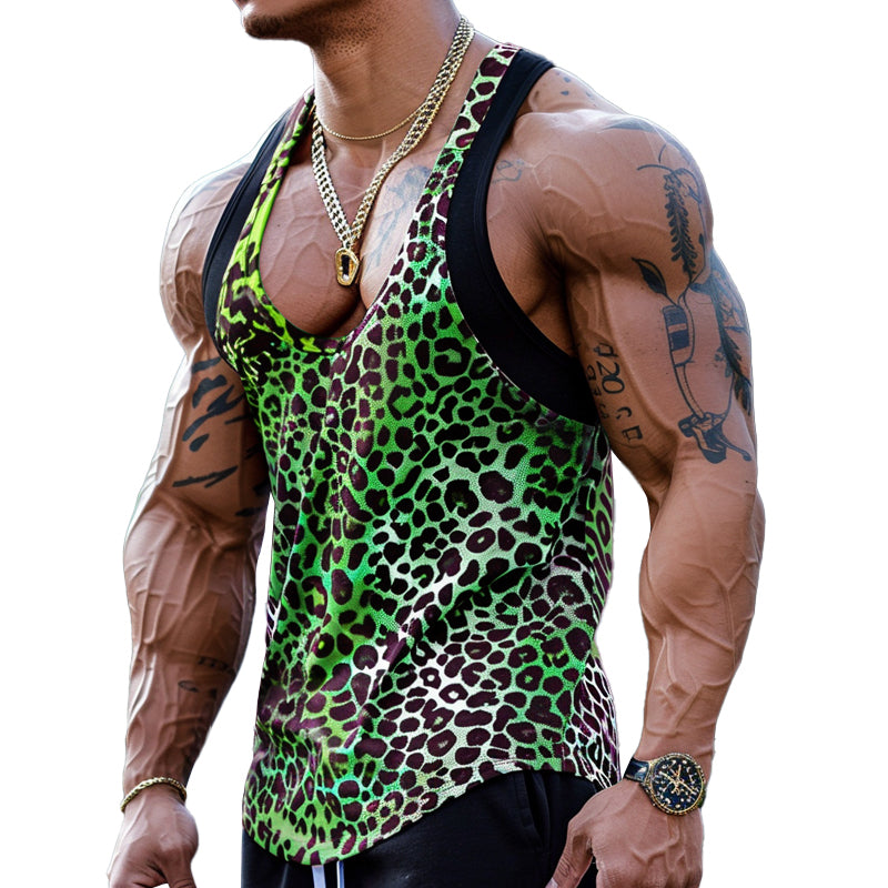 Sexy U-Hals Luipaardprint Katoenmix Patchwork Tanktop voor Mannen 03756297M