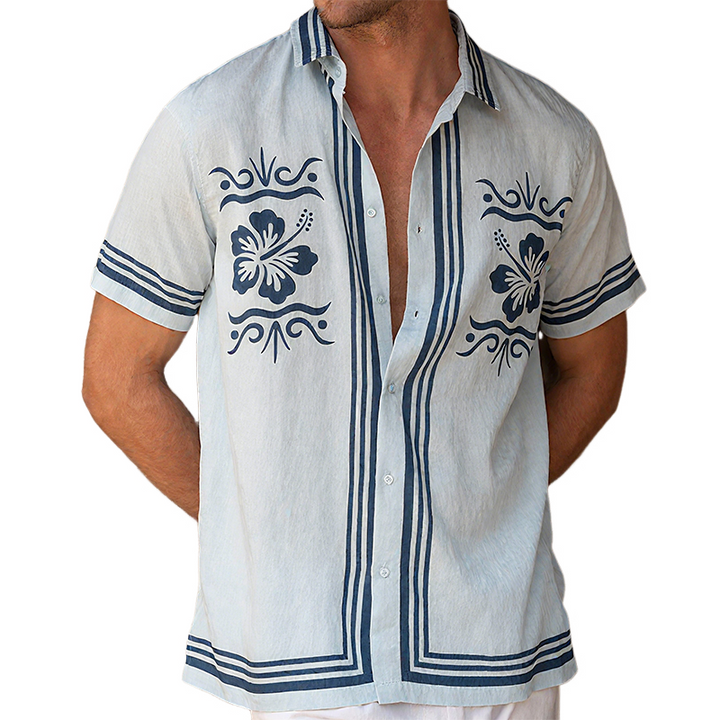 Heren Zomer Casual Tencel Katoen Bloemenprint Kraag Korte Mouw Shirt MTA0233G5K