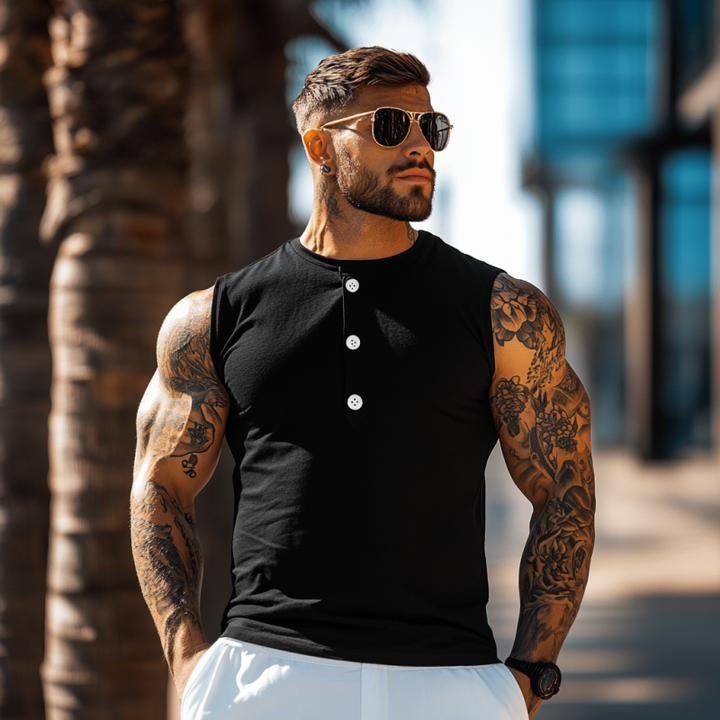 Heren Casual katoenen Henley Kraag Slim Fit Sport Tanktop MTA2620E6M