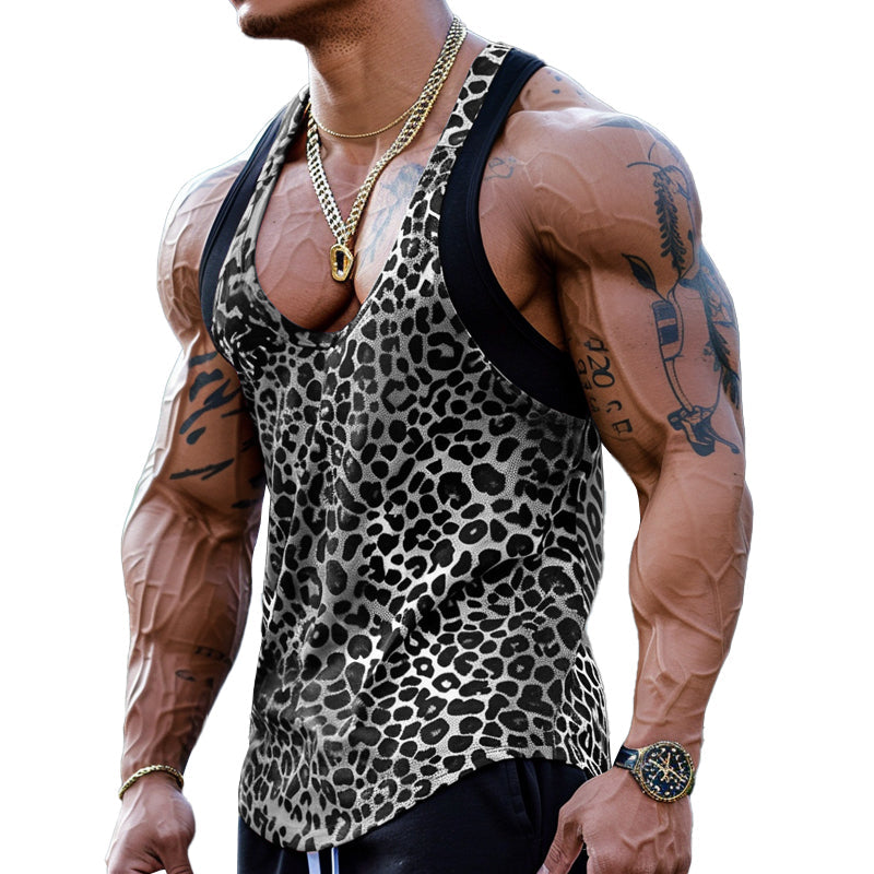 Sexy U-Hals Luipaardprint Katoenmix Patchwork Tanktop voor Mannen 03756297M
