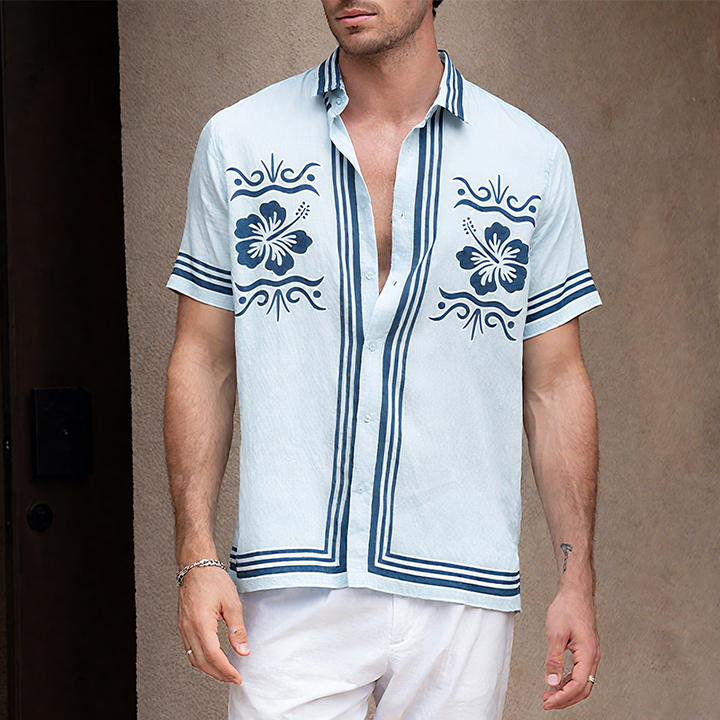 Heren Zomer Casual Tencel Katoen Bloemenprint Kraag Korte Mouw Shirt MTA0233G5K