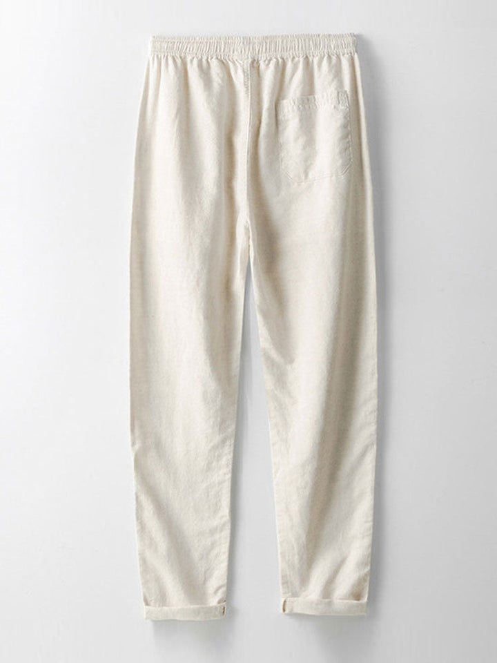 Linnen-mix gestreept overhemd met half open placket en Henley kraag en rechte linnen broek